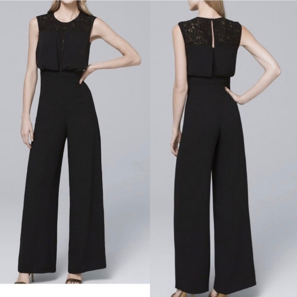 New WHBM Black Lace Jumpsuit With Inset Bodice White House Black Market size 8
